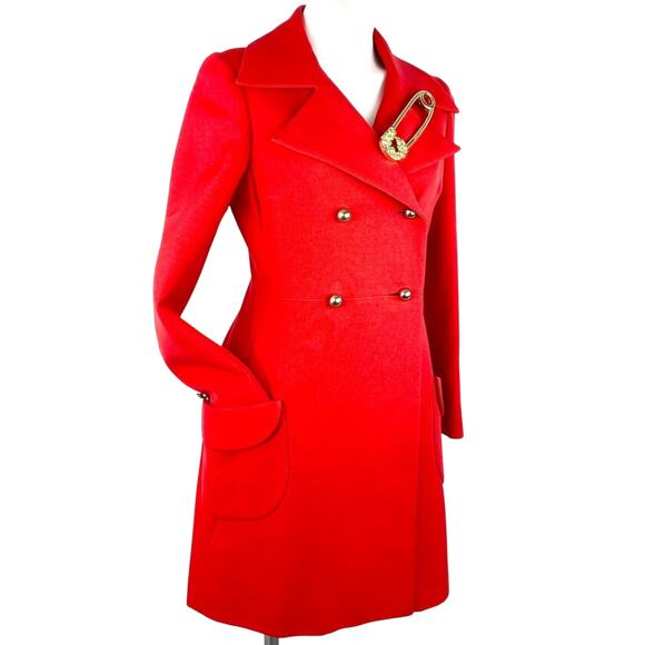 Vintage DEJAC PARIS Red Poplin Double Breasted Coat L + Betsey Johnson Pin - Picture 2 of 16